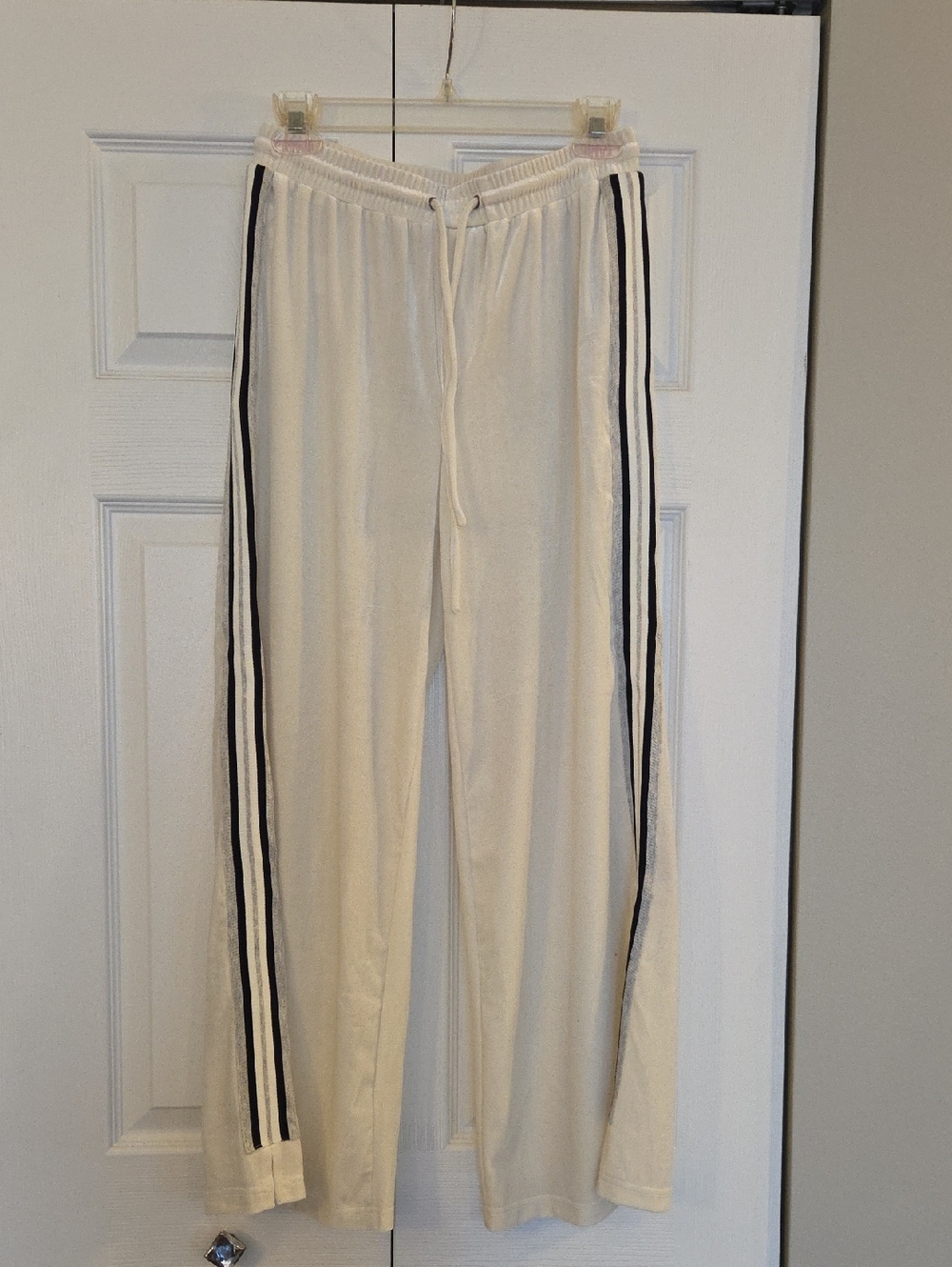 POL Cream Velour Sweatpants with Navy Side Stripes